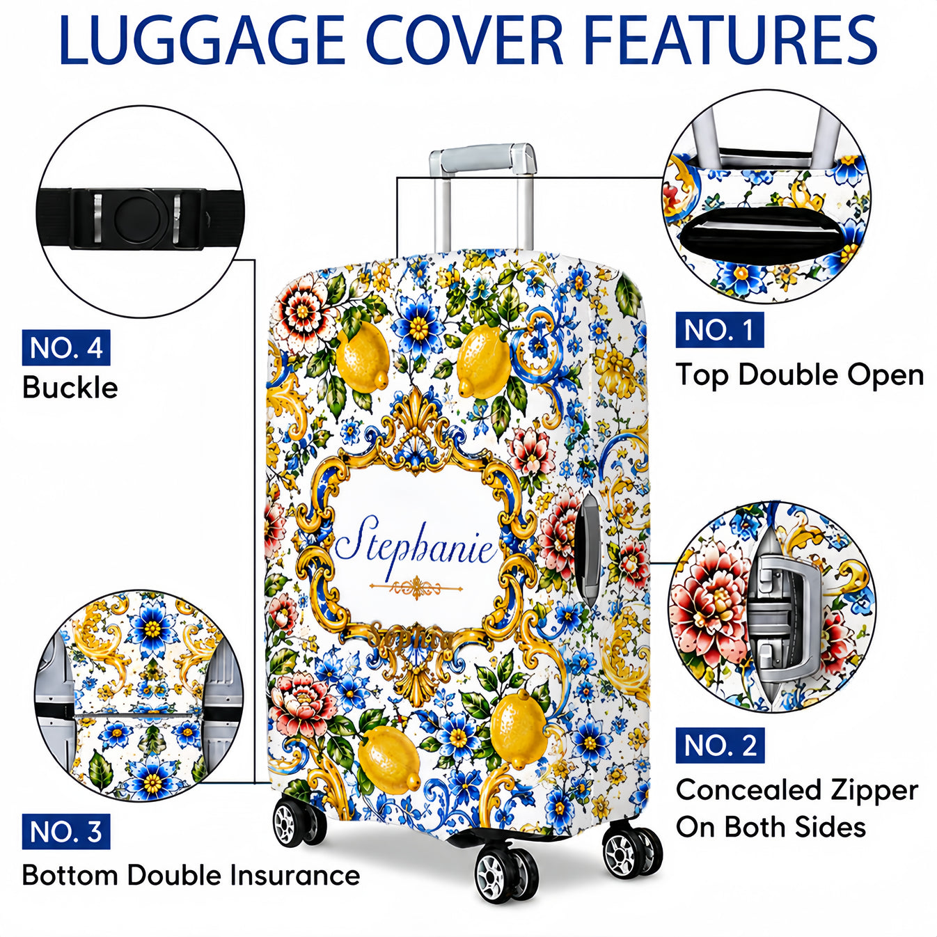 Mediterranean Style & Majolica Print Blue Lemon - Personalized Luggage Cover-Myprintsy