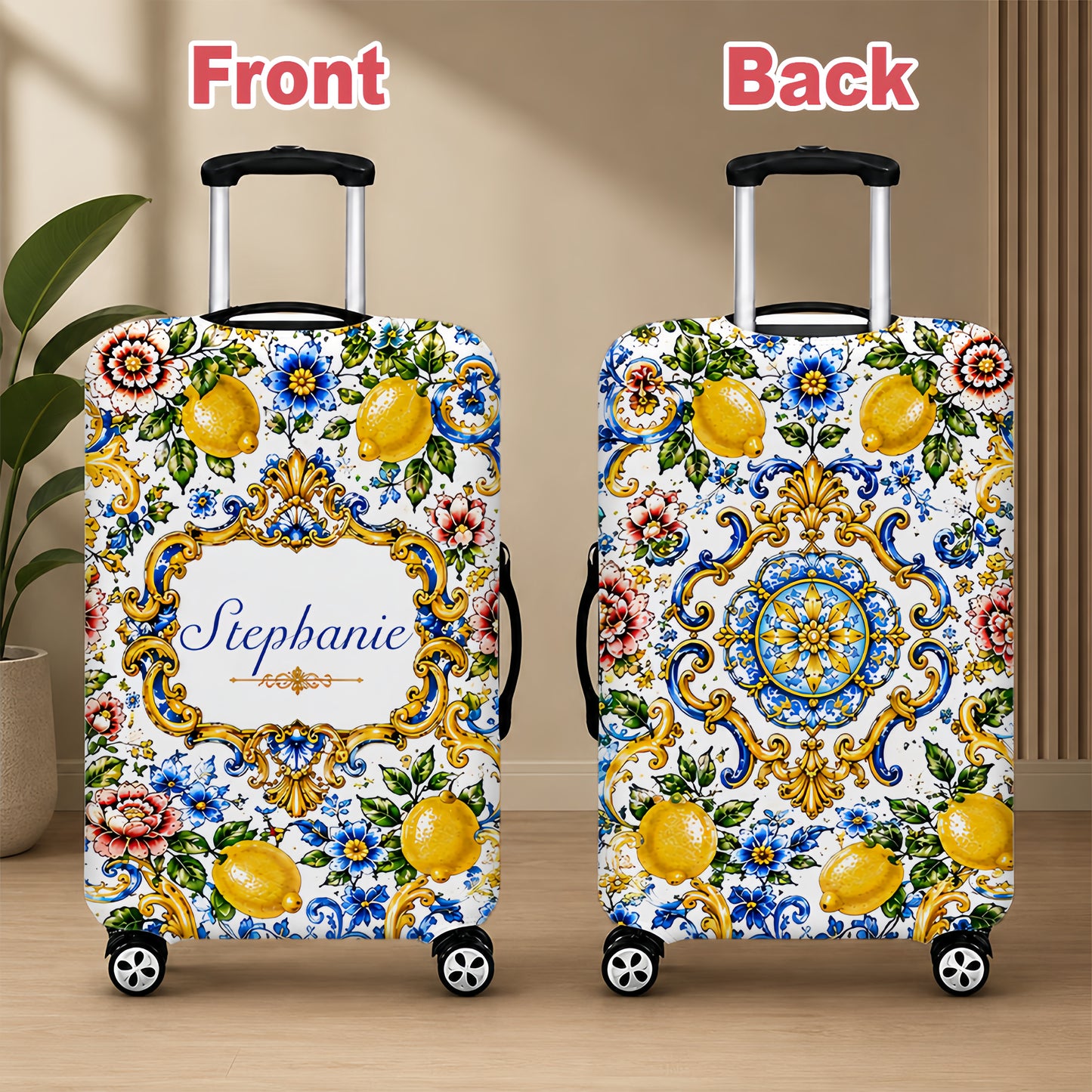 Mediterranean Style & Majolica Print Blue Lemon - Personalized Luggage Cover-Myprintsy