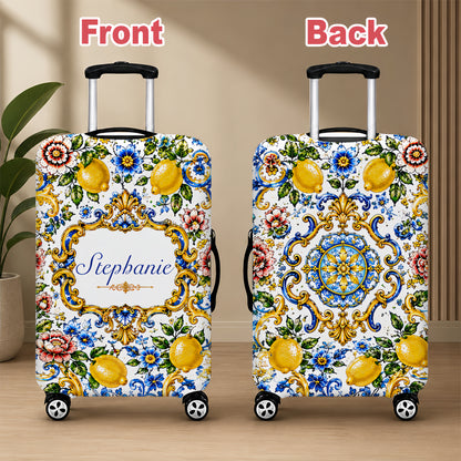 Mediterranean Style & Majolica Print Blue Lemon - Personalized Luggage Cover-Myprintsy