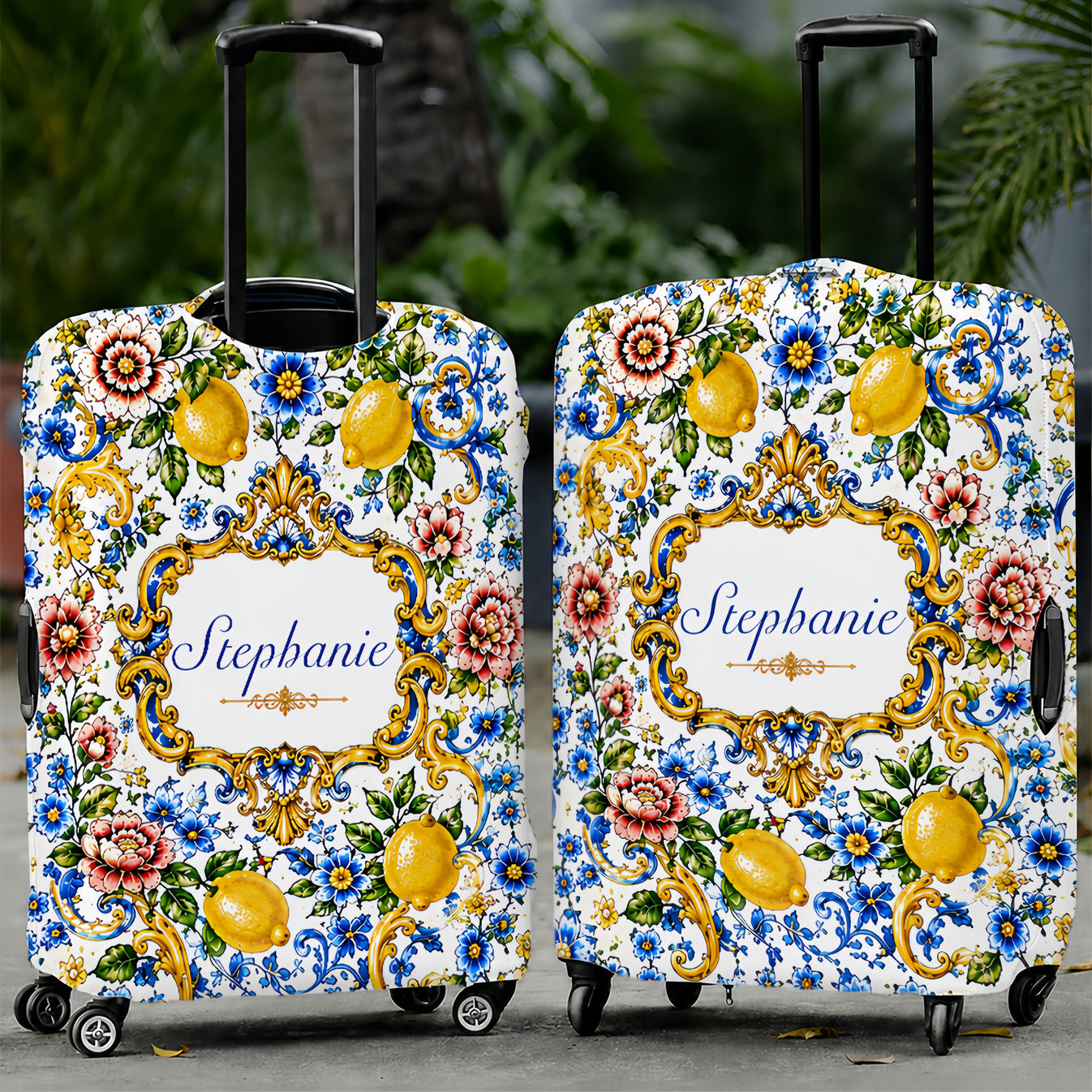 Mediterranean Style & Majolica Print Blue Lemon - Personalized Luggage Cover-Myprintsy