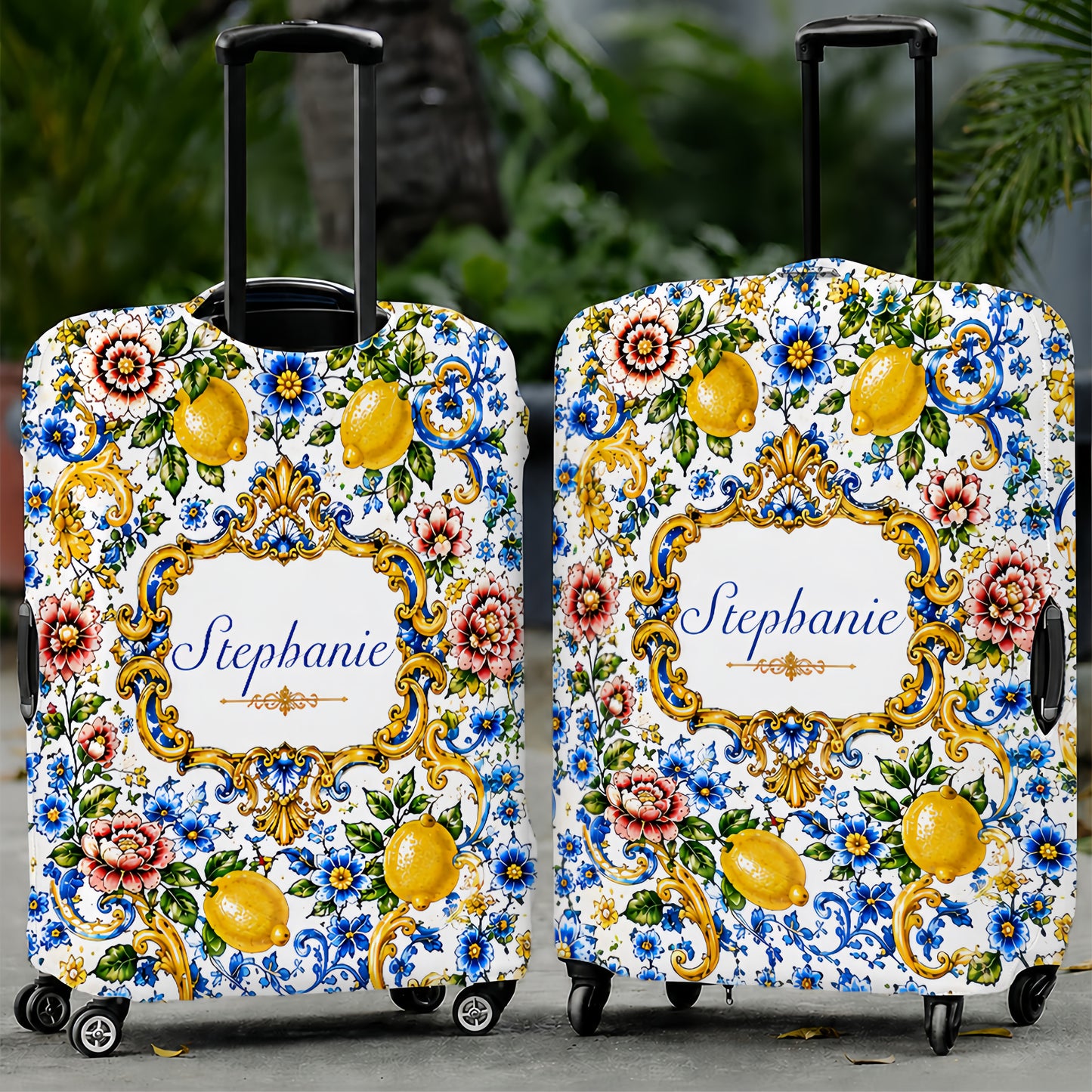 Mediterranean Style & Majolica Print Blue Lemon - Personalized Luggage Cover-Myprintsy