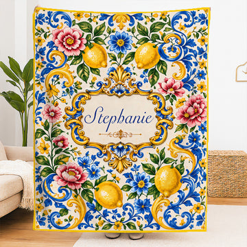 Mediterranean Style & Majolica Print Blue Lemon - Personalized Mediterranean Blanket-Myprintsy