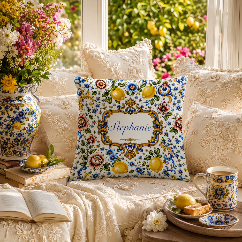 Mediterranean Style & Majolica Print Blue Lemon - Personalized Pillow-Myprintsy