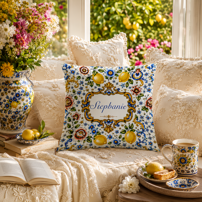 Mediterranean Style & Majolica Print Blue Lemon - Personalized Pillow-Myprintsy