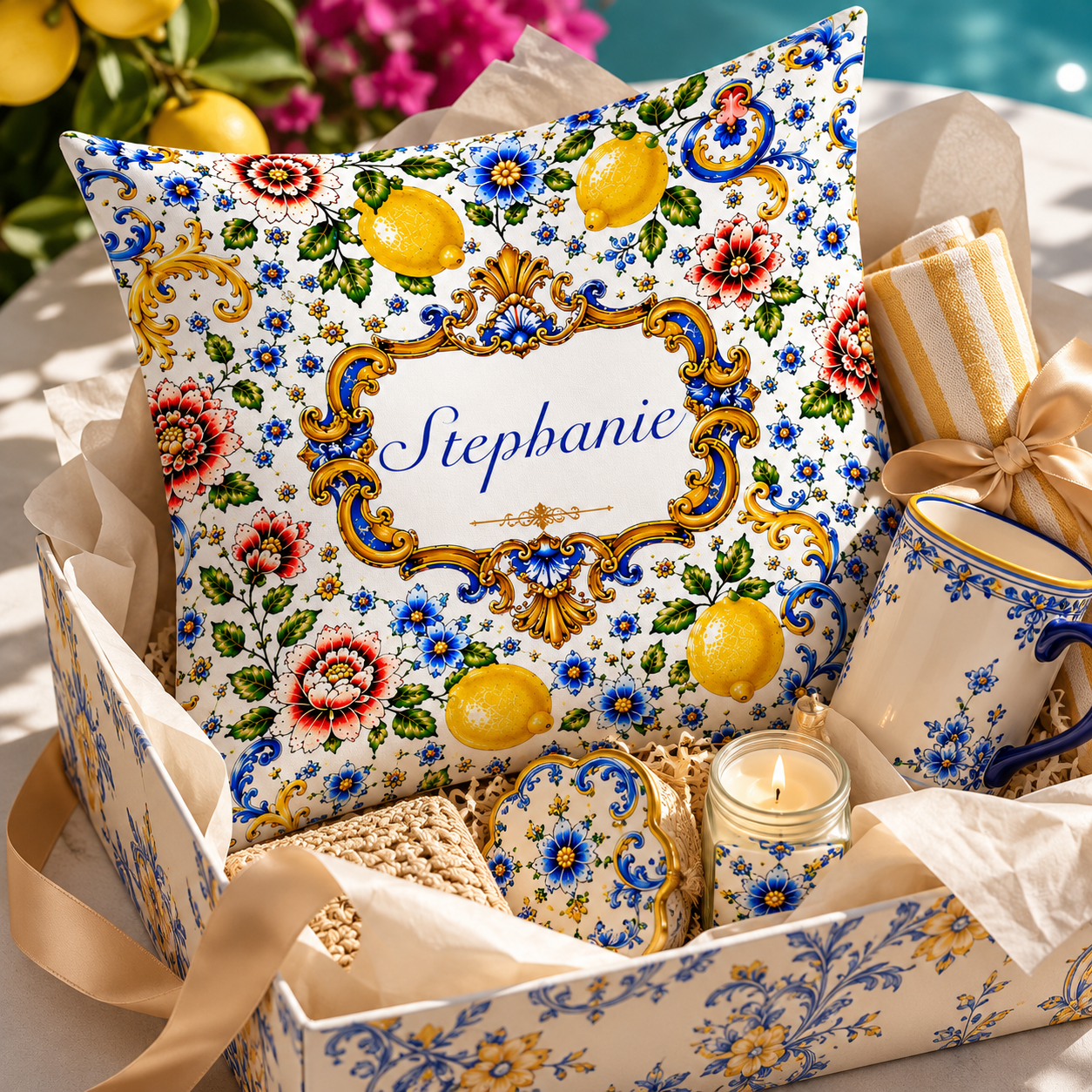 Mediterranean Style & Majolica Print Blue Lemon - Personalized Pillow-Myprintsy