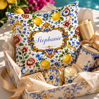Mediterranean Style & Majolica Print Blue Lemon - Personalized Pillow-Myprintsy
