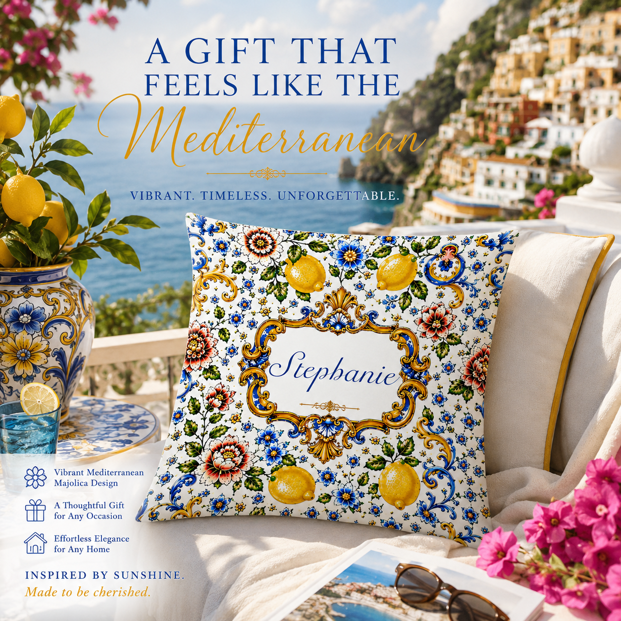 Mediterranean Style & Majolica Print Blue Lemon - Personalized Pillow-Myprintsy
