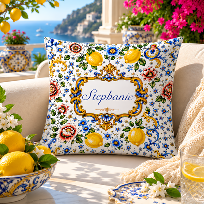 Mediterranean Style & Majolica Print Blue Lemon - Personalized Pillow-Myprintsy
