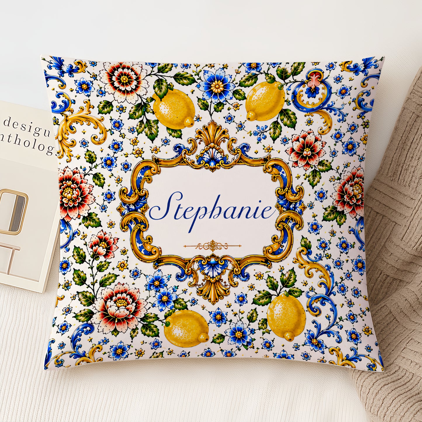 Mediterranean Style & Majolica Print Blue Lemon - Personalized Pillow-Myprintsy