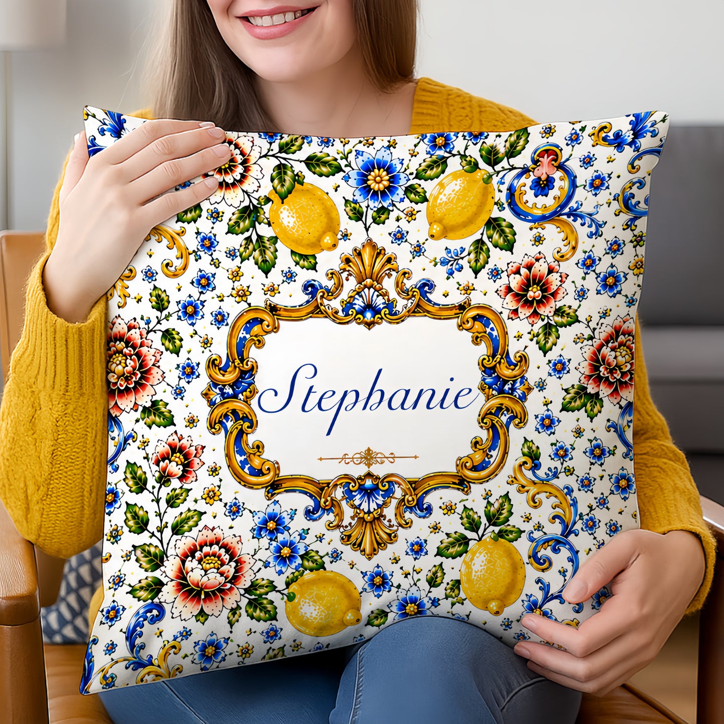 Mediterranean Style & Majolica Print Blue Lemon - Personalized Pillow-Myprintsy