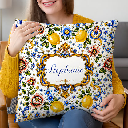 Mediterranean Style & Majolica Print Blue Lemon - Personalized Pillow-Myprintsy