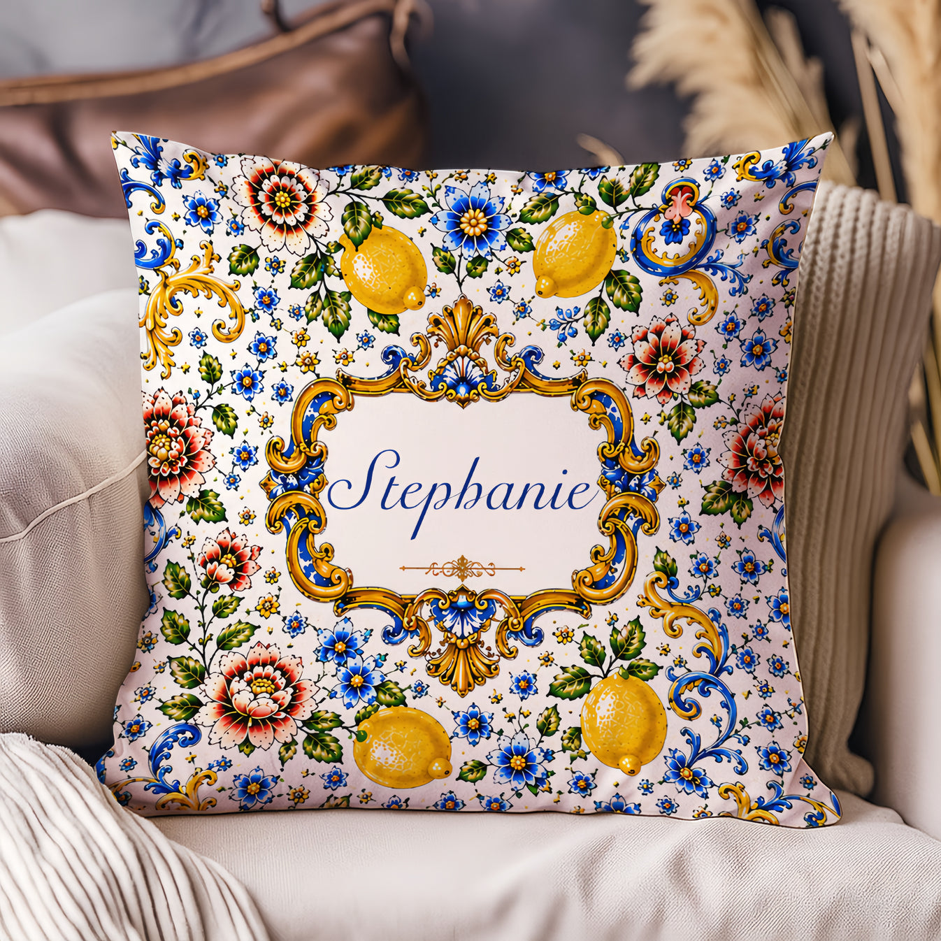 Mediterranean Style & Majolica Print Blue Lemon - Personalized Pillow-Myprintsy