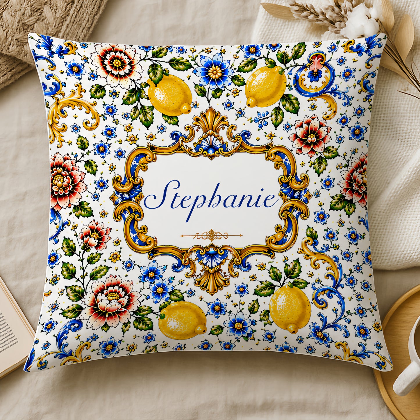 Mediterranean Style & Majolica Print Blue Lemon - Personalized Pillow-Myprintsy