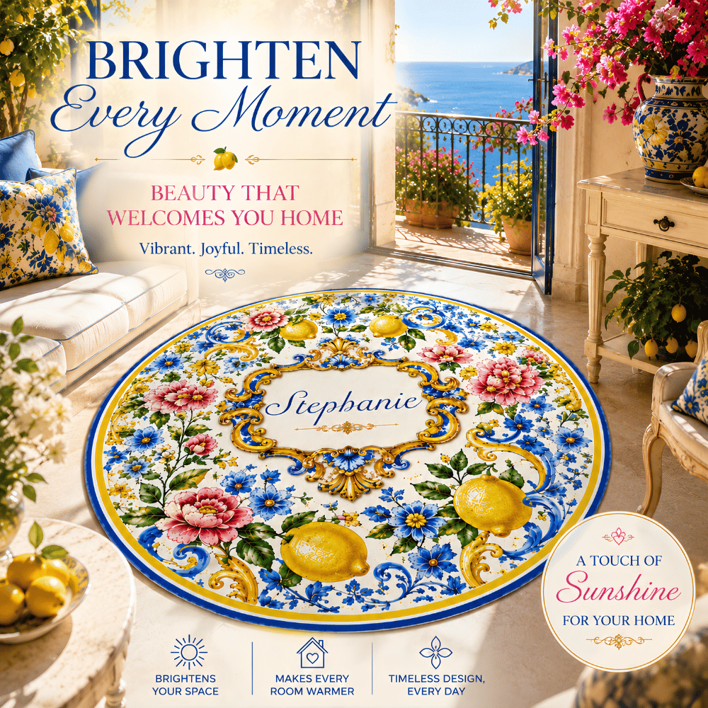 Mediterranean Style & Majolica Print Blue Lemon - Personalized Round Rug-Myprintsy