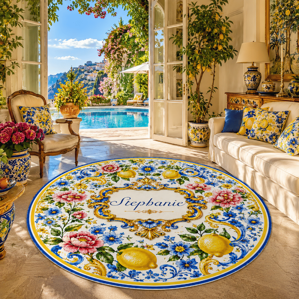 Mediterranean Style & Majolica Print Blue Lemon - Personalized Round Rug-Myprintsy