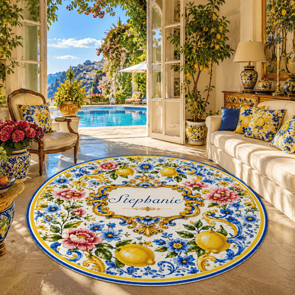 Mediterranean Style & Majolica Print Blue Lemon - Personalized Round Rug-Myprintsy