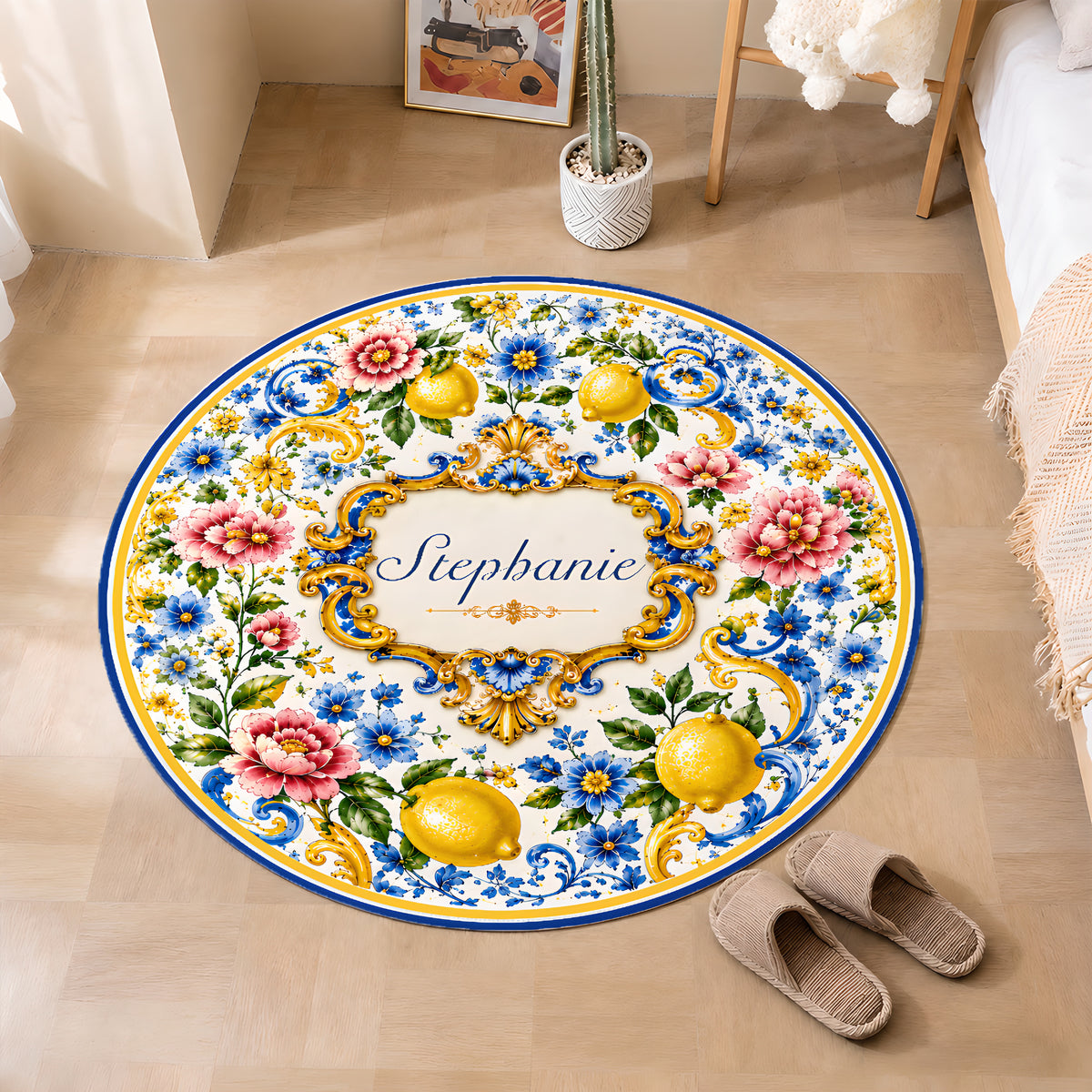 Mediterranean Style & Majolica Print Blue Lemon - Personalized Round Rug-Myprintsy