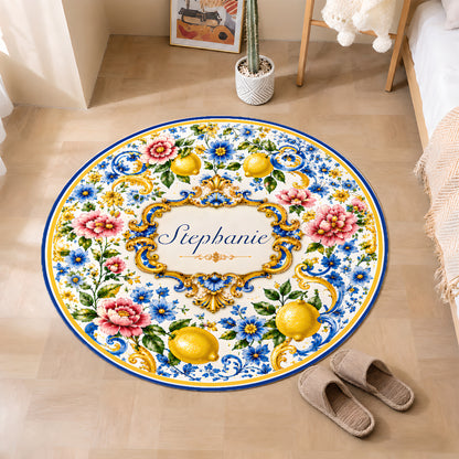 Mediterranean Style & Majolica Print Blue Lemon - Personalized Round Rug-Myprintsy