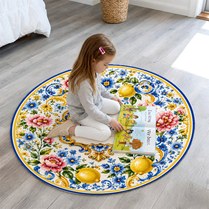 Mediterranean Style & Majolica Print Blue Lemon - Personalized Round Rug-Myprintsy