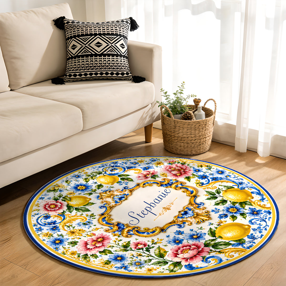 Mediterranean Style & Majolica Print Blue Lemon - Personalized Round Rug-Myprintsy