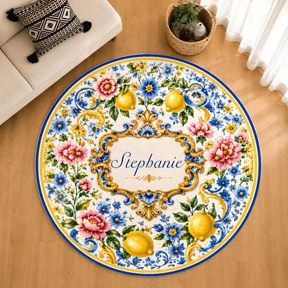 Mediterranean Style & Majolica Print Blue Lemon - Personalized Round Rug-Myprintsy