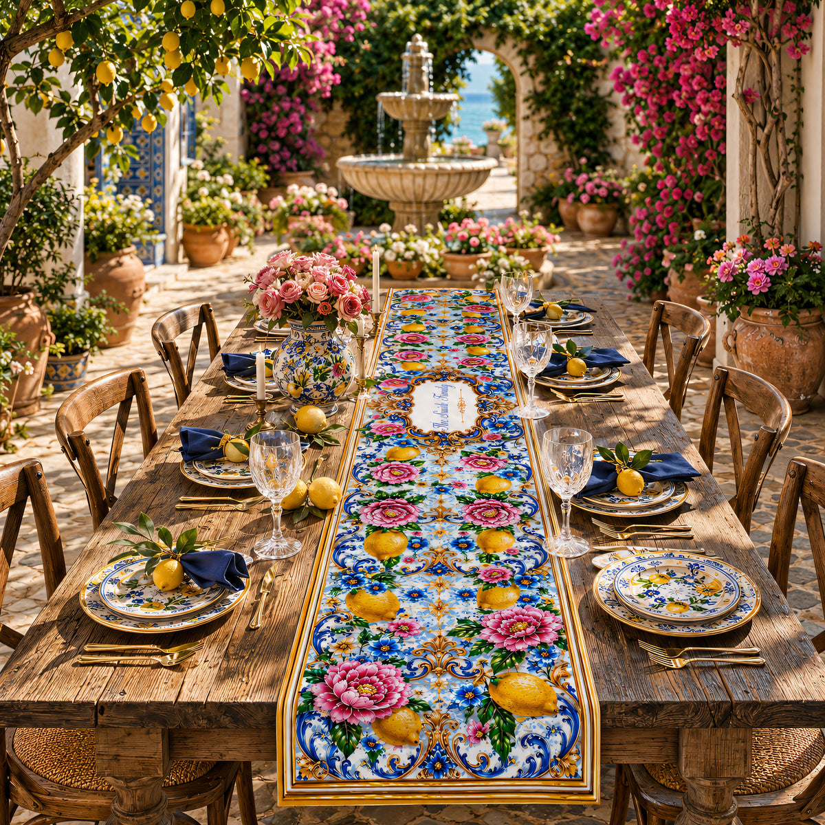 Mediterranean Style & Majolica Print Blue Lemon - Personalized Table Runner-Myprintsy