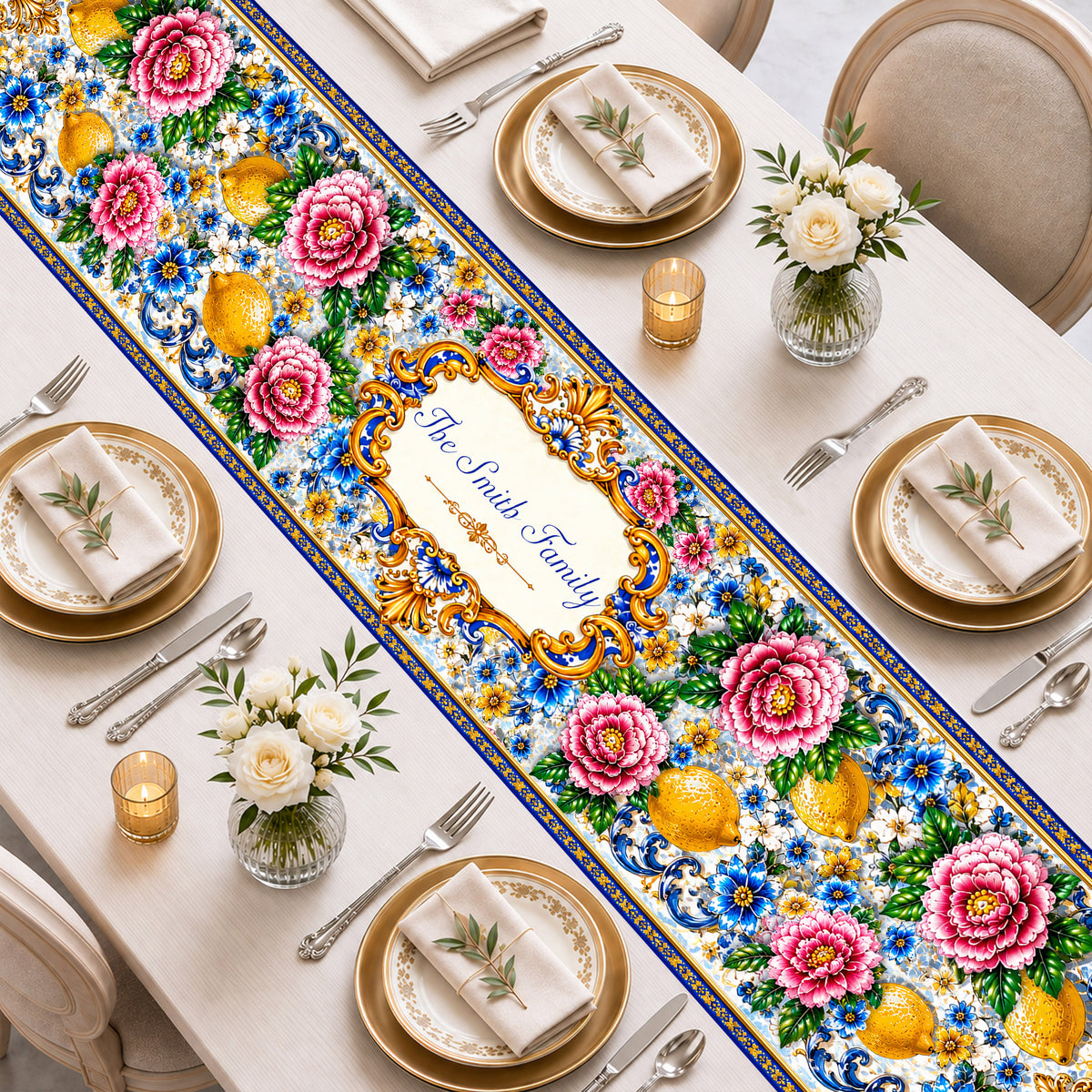 Mediterranean Style & Majolica Print Blue Lemon - Personalized Table Runner-Myprintsy