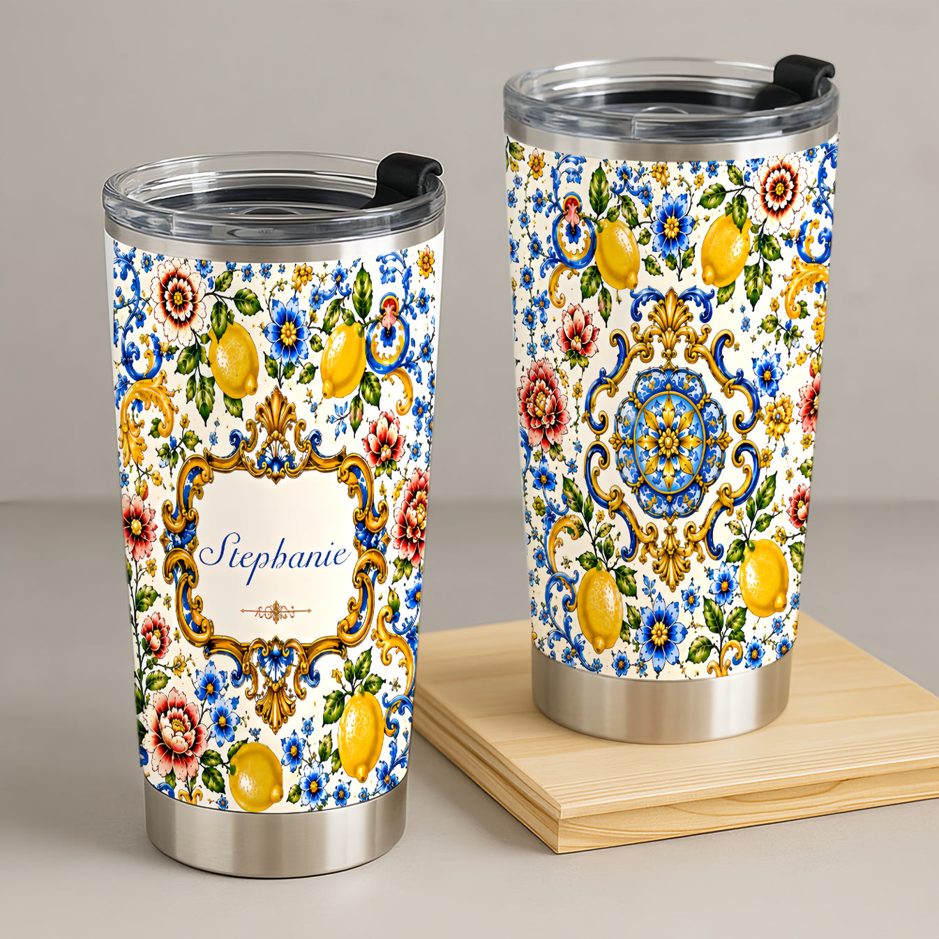 Mediterranean Style & Majolica Print Blue Lemon - Personalized Tumbler Cup-Myprintsy