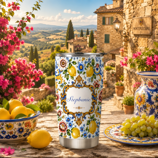Mediterranean Style & Majolica Print Blue Lemon - Personalized Tumbler Cup - Travelling Tumbler-Myprintsy