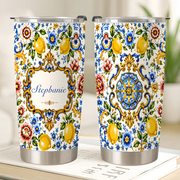 Mediterranean Style & Majolica Print Blue Lemon - Personalized Tumbler Cup-Myprintsy