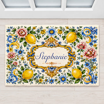 Mediterranean Style & Majolica Print Blue Lemon - Personalized Velvet Doormat - Gift For Home Decor-Myprintsy