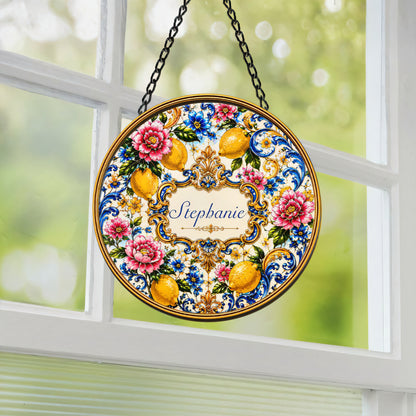 Mediterranean Style & Majolica Print Blue Lemon - Personalized Window Hanging Suncatcher Ornament - Gift For Home Decor-Myprintsy