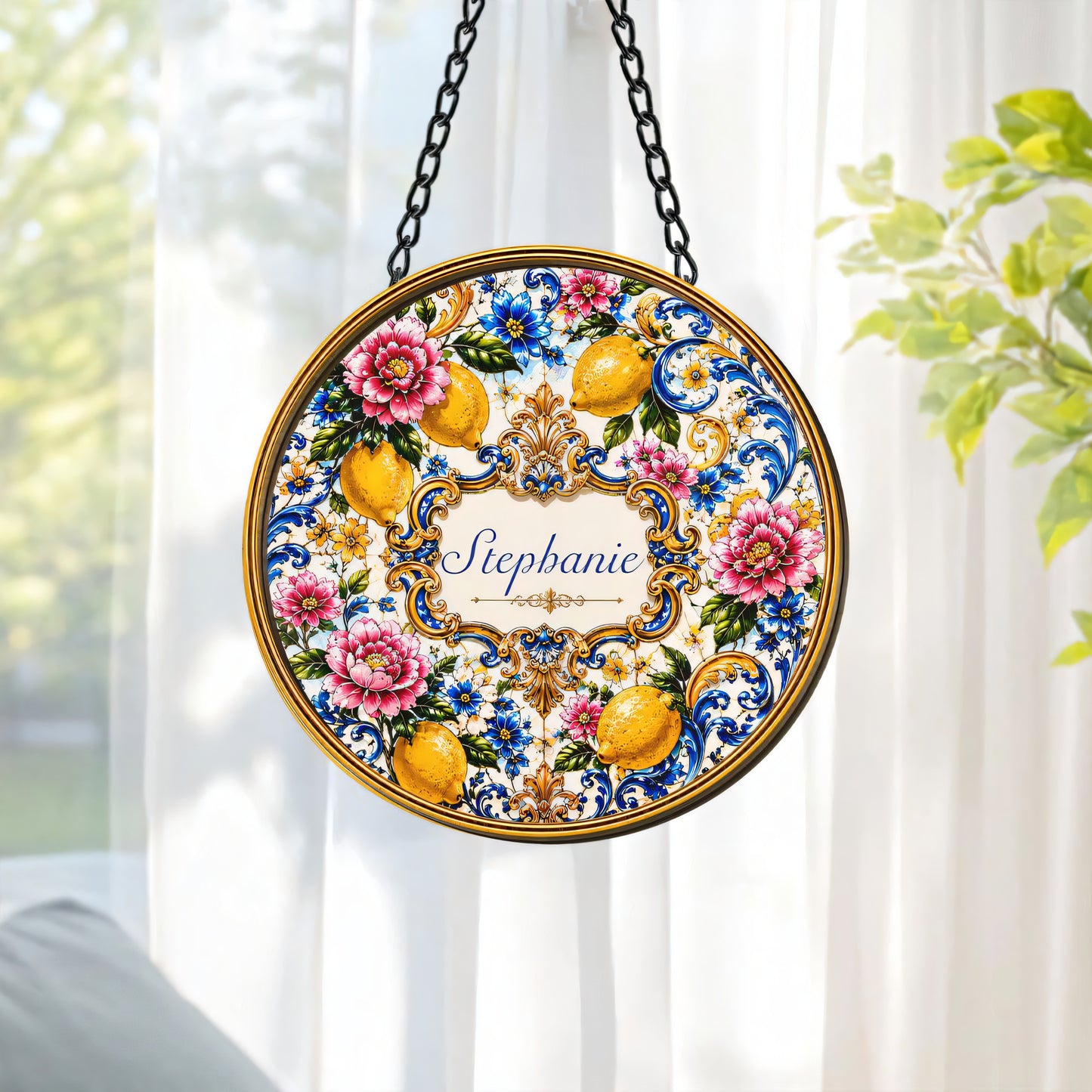 Mediterranean Style & Majolica Print Blue Lemon - Personalized Window Hanging Suncatcher Ornament - Gift For Home Decor-Myprintsy