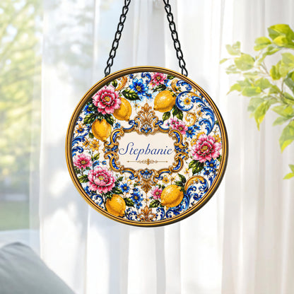 Mediterranean Style & Majolica Print Blue Lemon - Personalized Window Hanging Suncatcher Ornament - Gift For Home Decor-Myprintsy