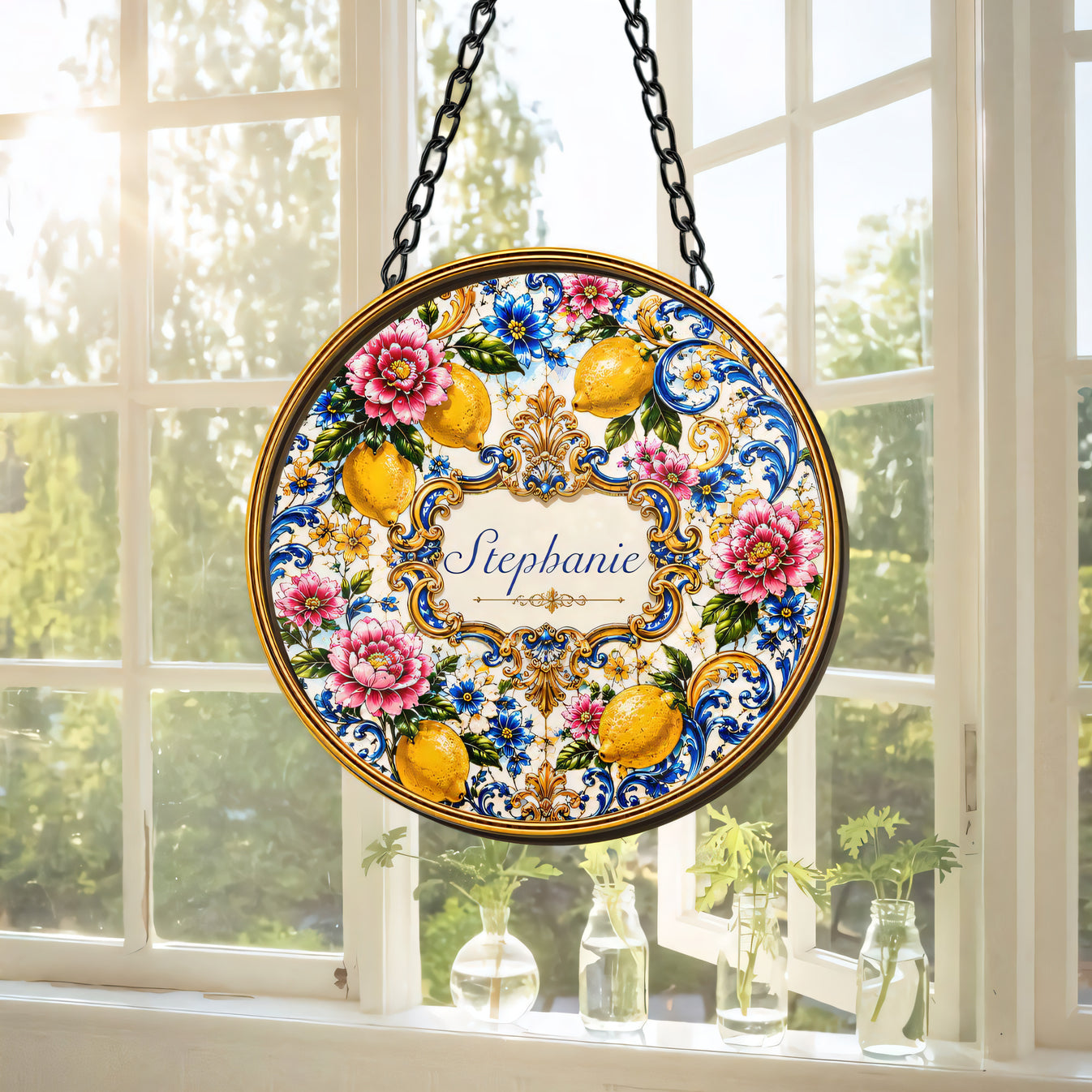Mediterranean Style & Majolica Print Blue Lemon - Personalized Window Hanging Suncatcher Ornament - Gift For Home Decor-Myprintsy