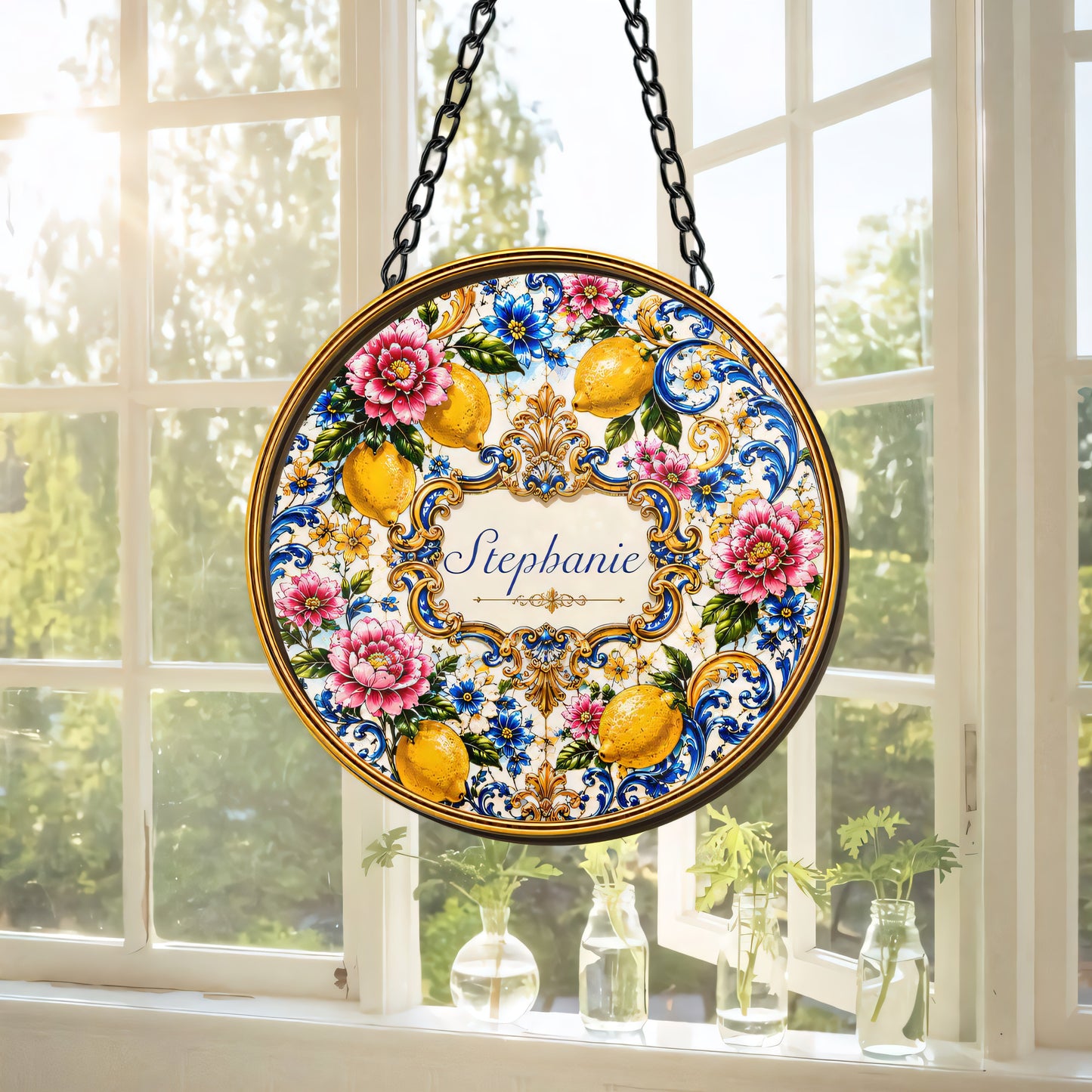 Mediterranean Style & Majolica Print Blue Lemon - Personalized Window Hanging Suncatcher Ornament - Gift For Home Decor-Myprintsy