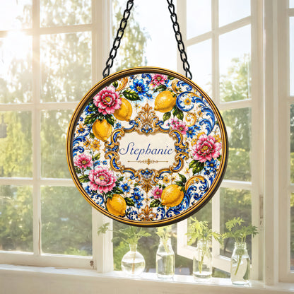 Mediterranean Style & Majolica Print Blue Lemon - Personalized Window Hanging Suncatcher Ornament - Gift For Home Decor-Myprintsy