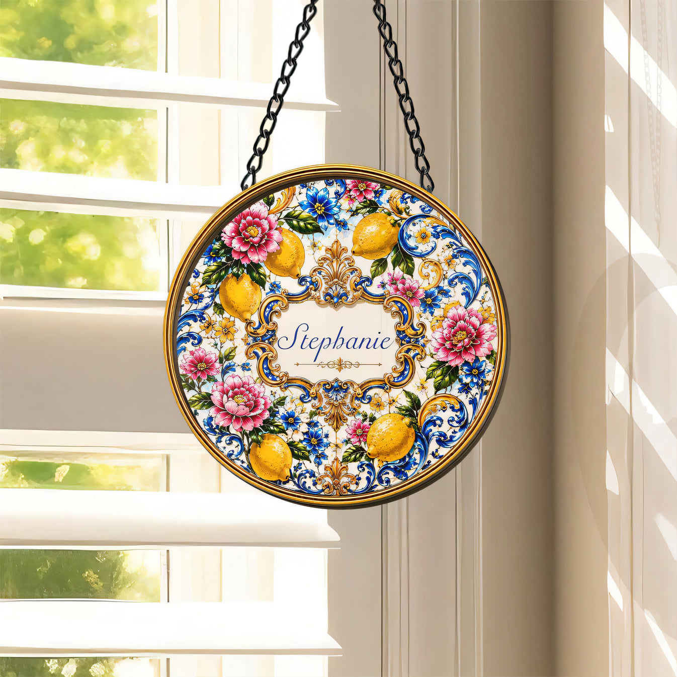 Mediterranean Style & Majolica Print Blue Lemon - Personalized Window Hanging Suncatcher Ornament - Gift For Home Decor-Myprintsy