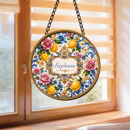 Mediterranean Style & Majolica Print Blue Lemon - Personalized Window Hanging Suncatcher Ornament - Gift For Home Decor-Myprintsy