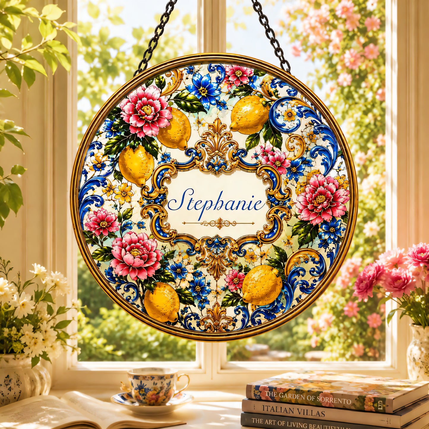 Mediterranean Style & Majolica Print Blue Lemon - Personalized Window Hanging Suncatcher Ornament - Gift For Home Decor-Myprintsy
