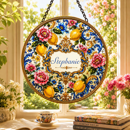 Mediterranean Style & Majolica Print Blue Lemon - Personalized Window Hanging Suncatcher Ornament - Gift For Home Decor-Myprintsy