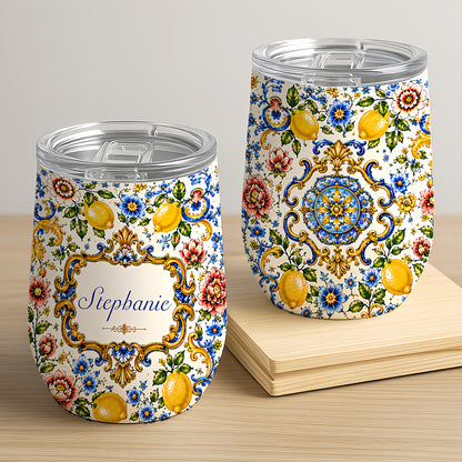 Mediterranean Style & Majolica Print Blue Lemon - Personalized Wine Tumbler-Myprintsy