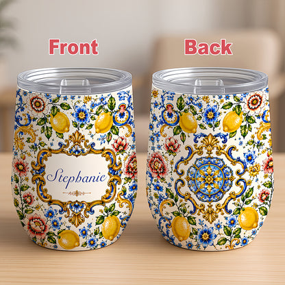 Mediterranean Style & Majolica Print Blue Lemon - Personalized Wine Tumbler-Myprintsy