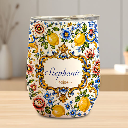 Mediterranean Style & Majolica Print Blue Lemon - Personalized Wine Tumbler-Myprintsy