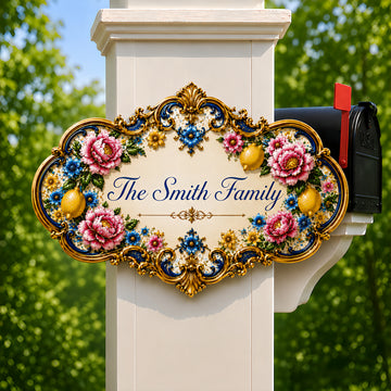 Mediterranean Style & Majolica Print Blue Lemon Royal - Personalized Custom Shaped Metal Sign-Myprintsy