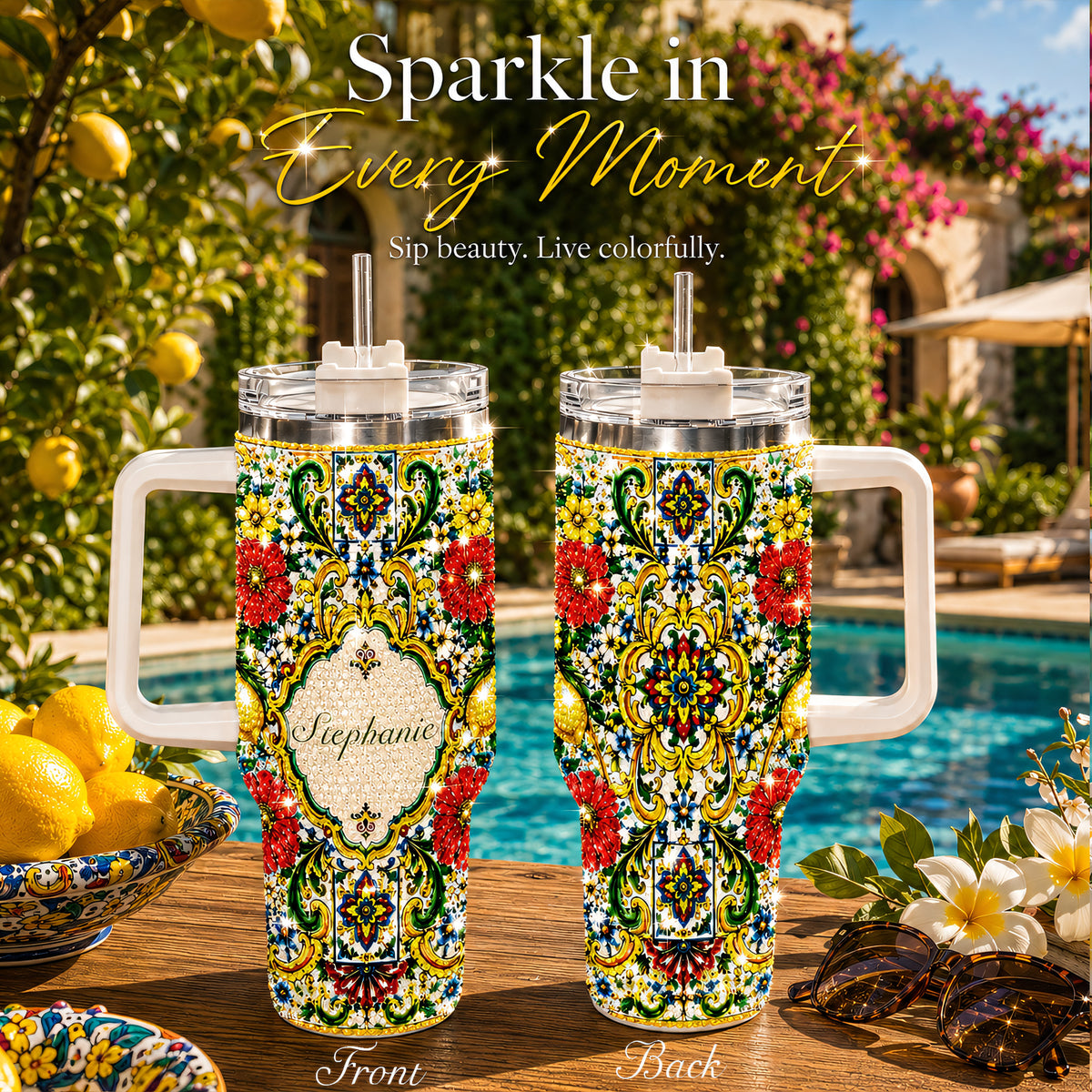 Mediterranean Style & Majolica Print La Dolce Vita - Personalized 40oz Tumbler With Straw-Myprintsy