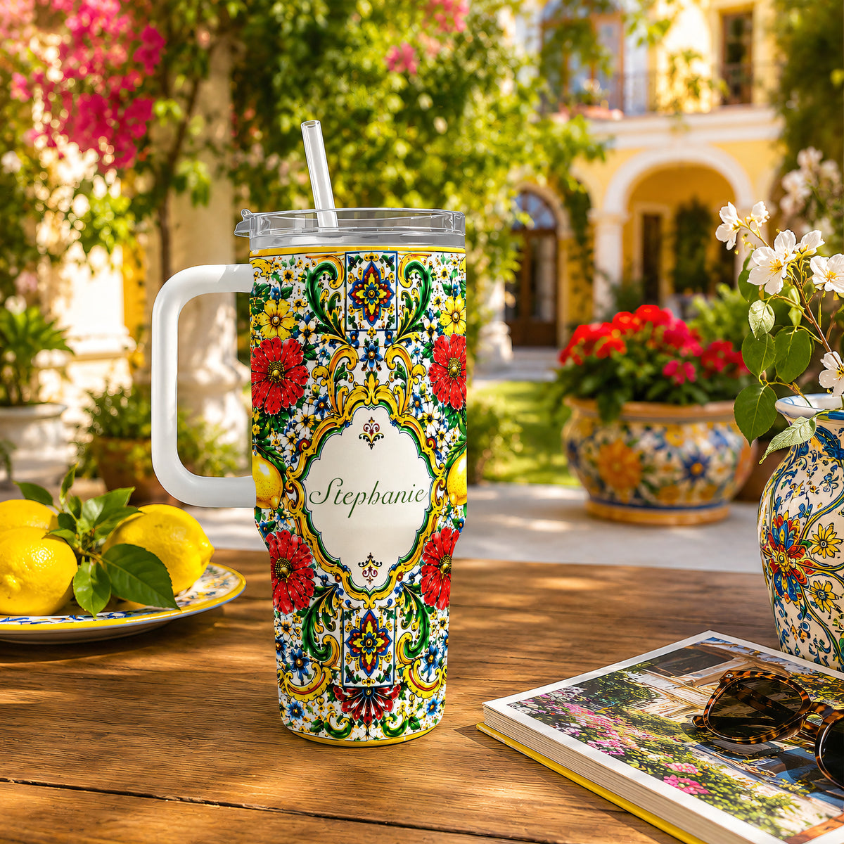 Mediterranean Style & Majolica Print La Dolce Vita - Personalized 40oz Tumbler With Straw-Myprintsy