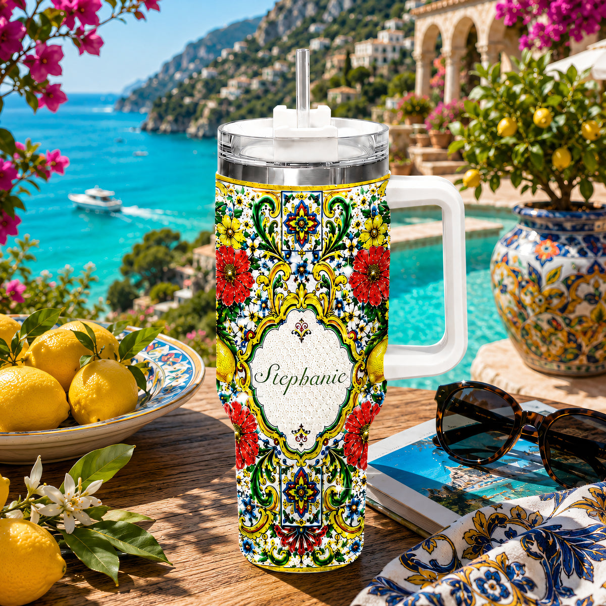Mediterranean Style & Majolica Print La Dolce Vita - Personalized 40oz Tumbler With Straw-Myprintsy
