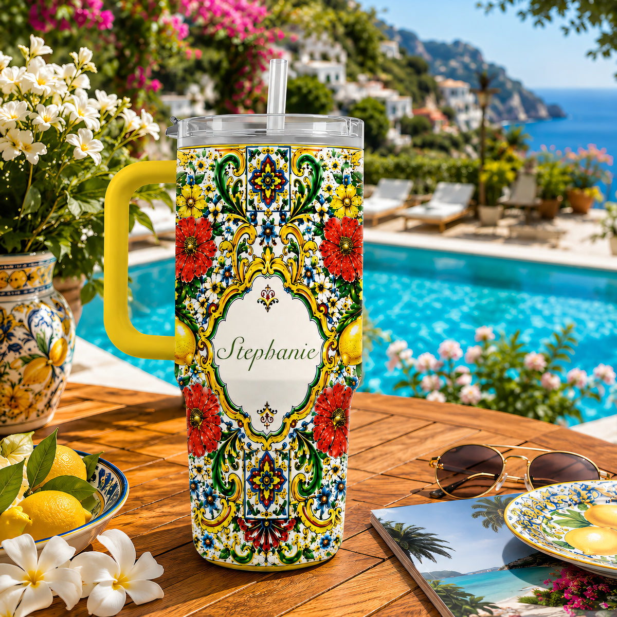 Mediterranean Style & Majolica Print La Dolce Vita - Personalized 40oz Tumbler With Straw-Myprintsy