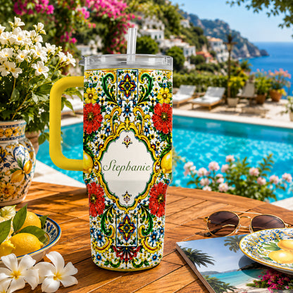 Mediterranean Style & Majolica Print La Dolce Vita - Personalized 40oz Tumbler With Straw-Myprintsy